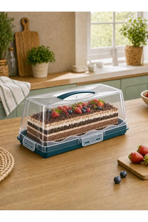 Baton Kek & Pasta Saklama Kabı – Şeffaf Kapaklı, Hava Geçirmez Kilitli, Taşıma Kulplu 33x12x15 cm